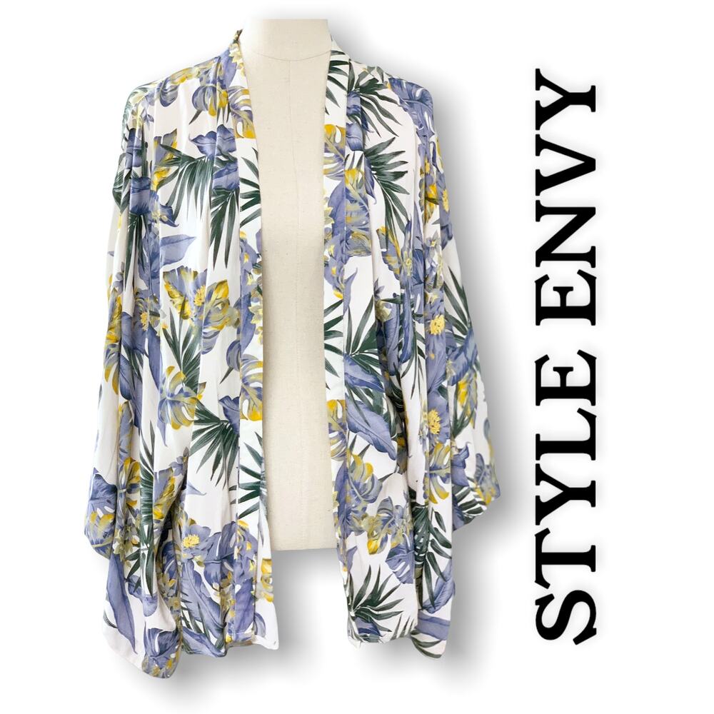 Style Envy Tropical Blue Yellow Floral Kimono Cardigan Womens Size S/M